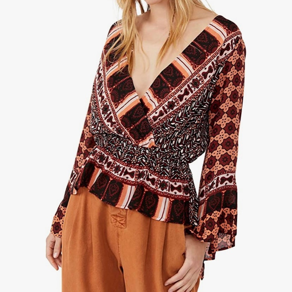 Free People Rosalie Wrap Top XL Boho Peasant Red Orange Festival Hippie